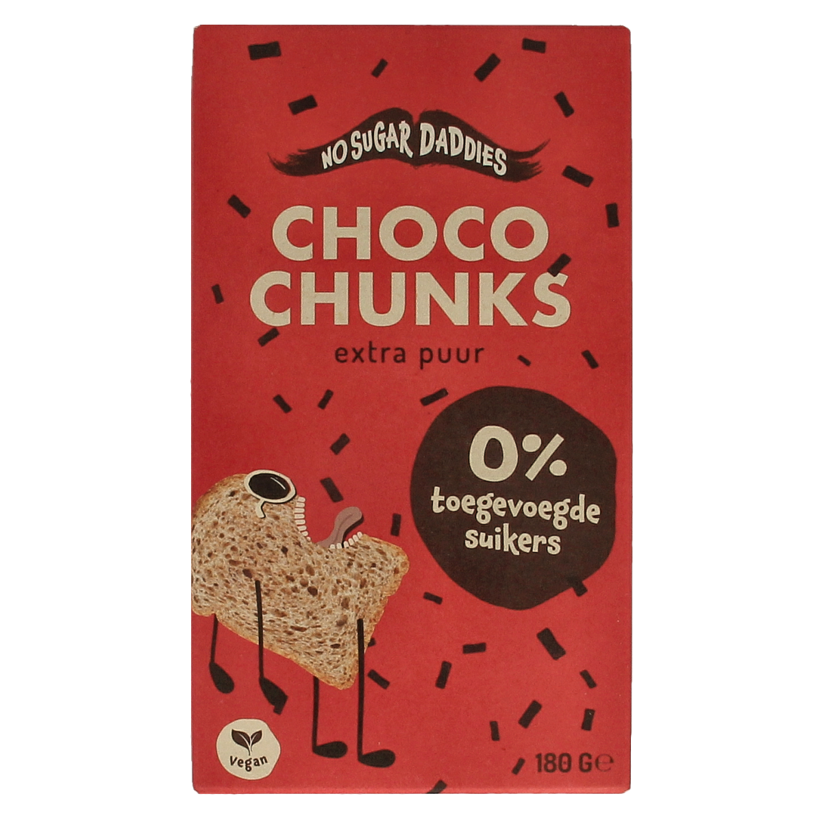 No Sugar Daddies Choco chunks extra puur bio broodbeleg spread in 180g jar, featuring chocolate chunks on bread