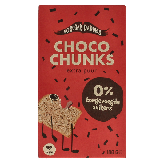 No Sugar Daddies Choco chunks extra puur bio broodbeleg spread in 180g jar, featuring chocolate chunks on bread