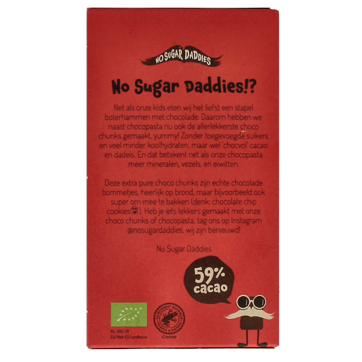 No Sugar Daddies Choco chunks extra puur bio spread on bread, showcasing the creamy, chocolatey broodbeleg in a jar.