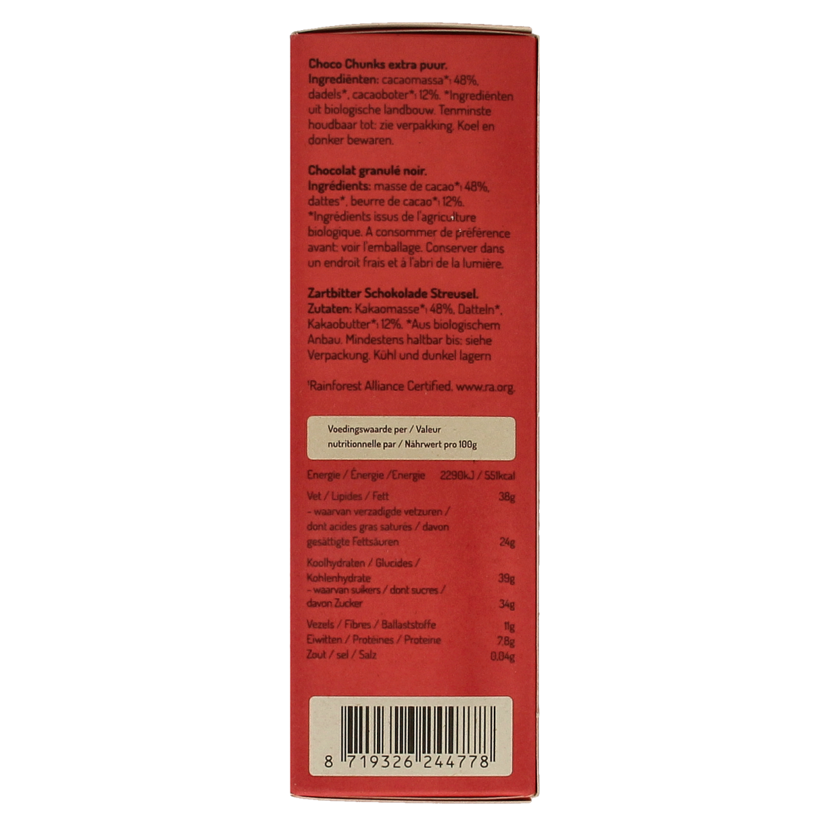 No Sugar Daddies Choco chunks extra puur bio broodbeleg spread on bread, showing chocolate chunks and packaging.