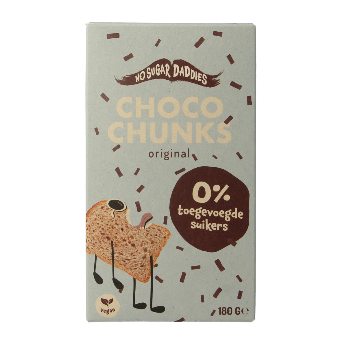 No Sugar Daddies bio milk chocolate chunks spread on bread, showing the chocolate chunks and creamy texture in a jar.