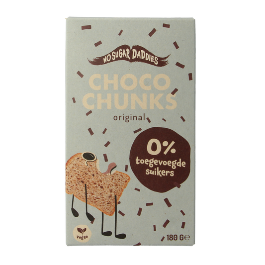 No Sugar Daddies bio milk chocolate chunks spread on bread, showing the chocolate chunks and creamy texture in a jar.