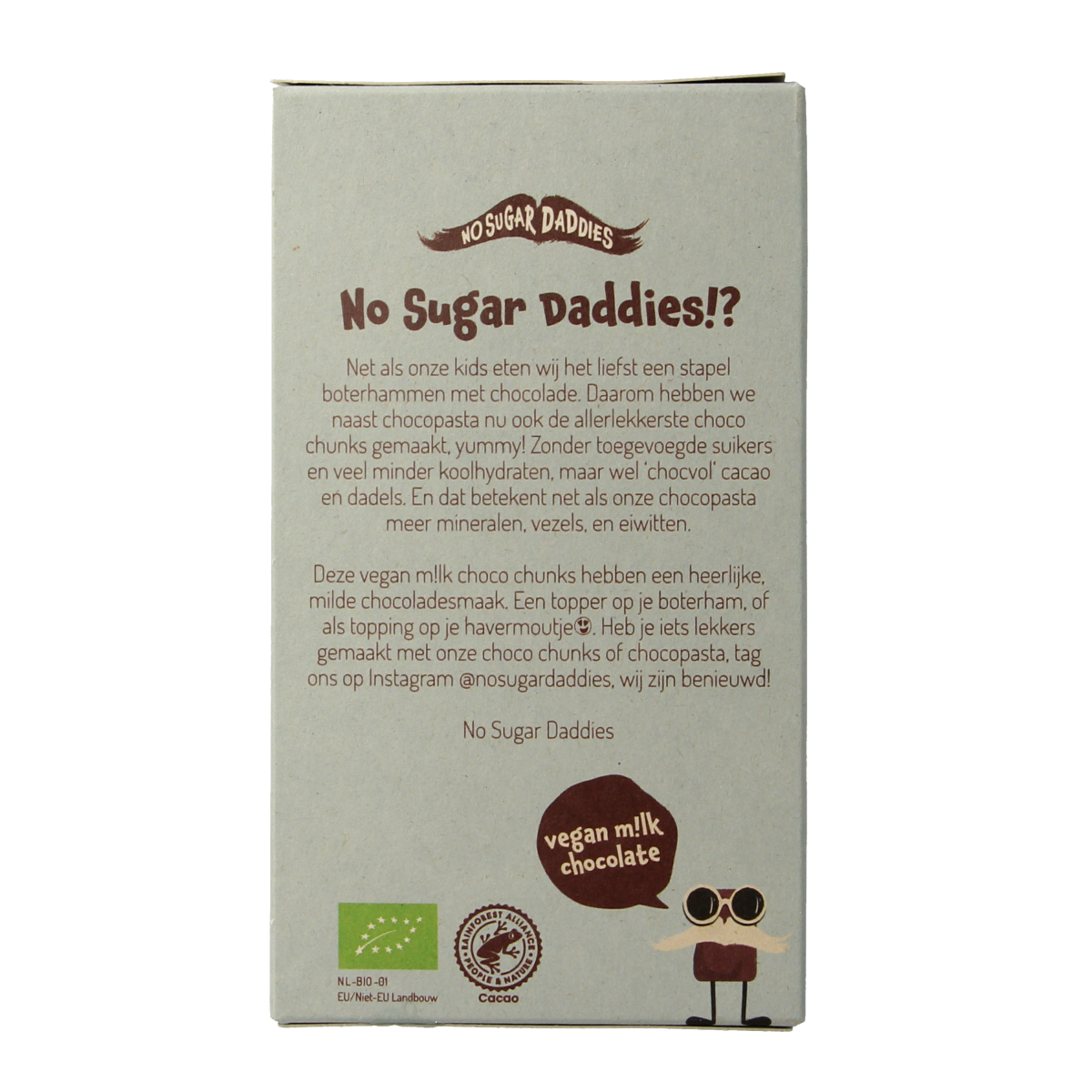 No Sugar Daddies bio milk chocolate chunks spread on bread, showing the creamy chocolate spread in a jar.