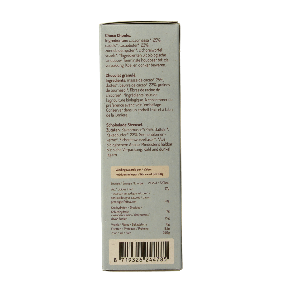 No Sugar Daddies milk chocolate chunks spread on bread, organic broodbeleg in 180g package, creamy chocolate topping.