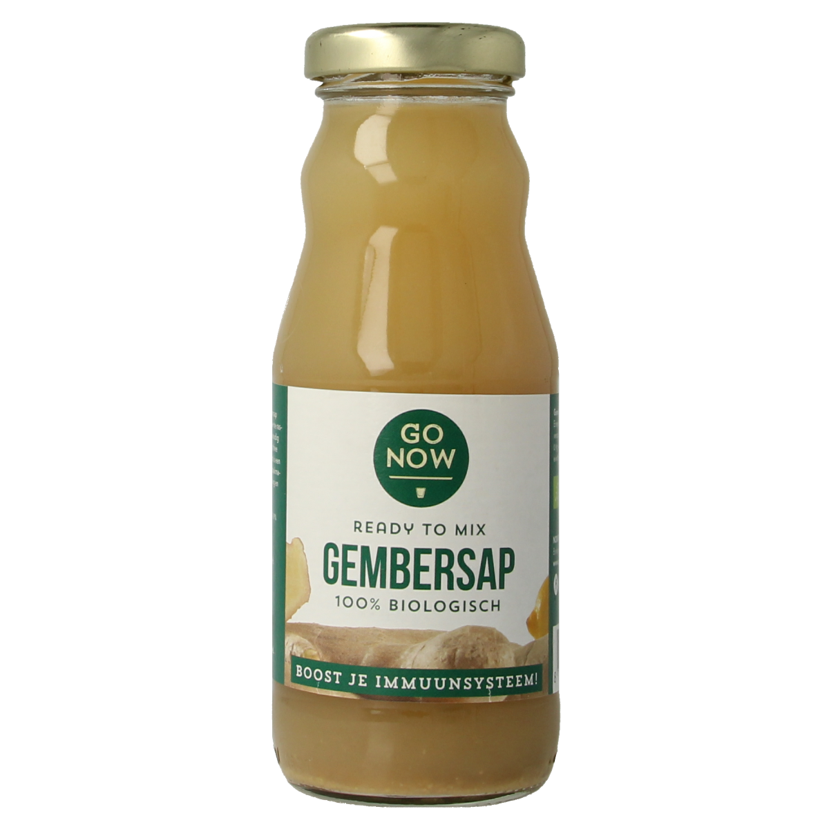Bottle of Go Now Gember sap bio, organic ginger juice in a 200ml container, from the drink and juice product line.