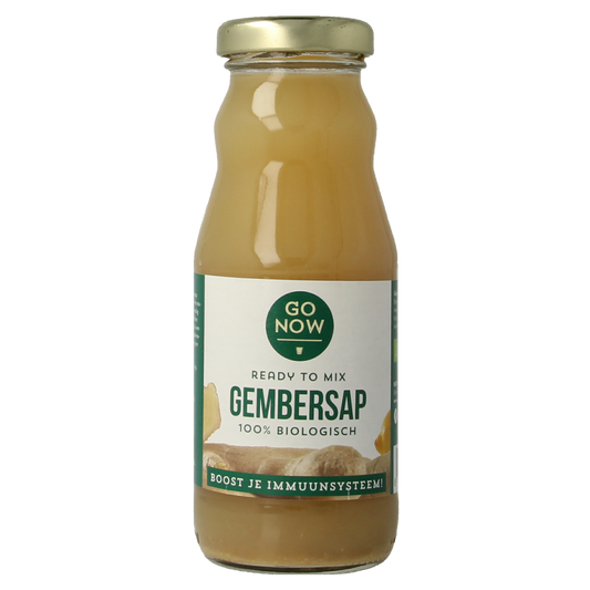 Bottle of Go Now Gember sap bio, organic ginger juice in a 200ml container, from the drink and juice product line.