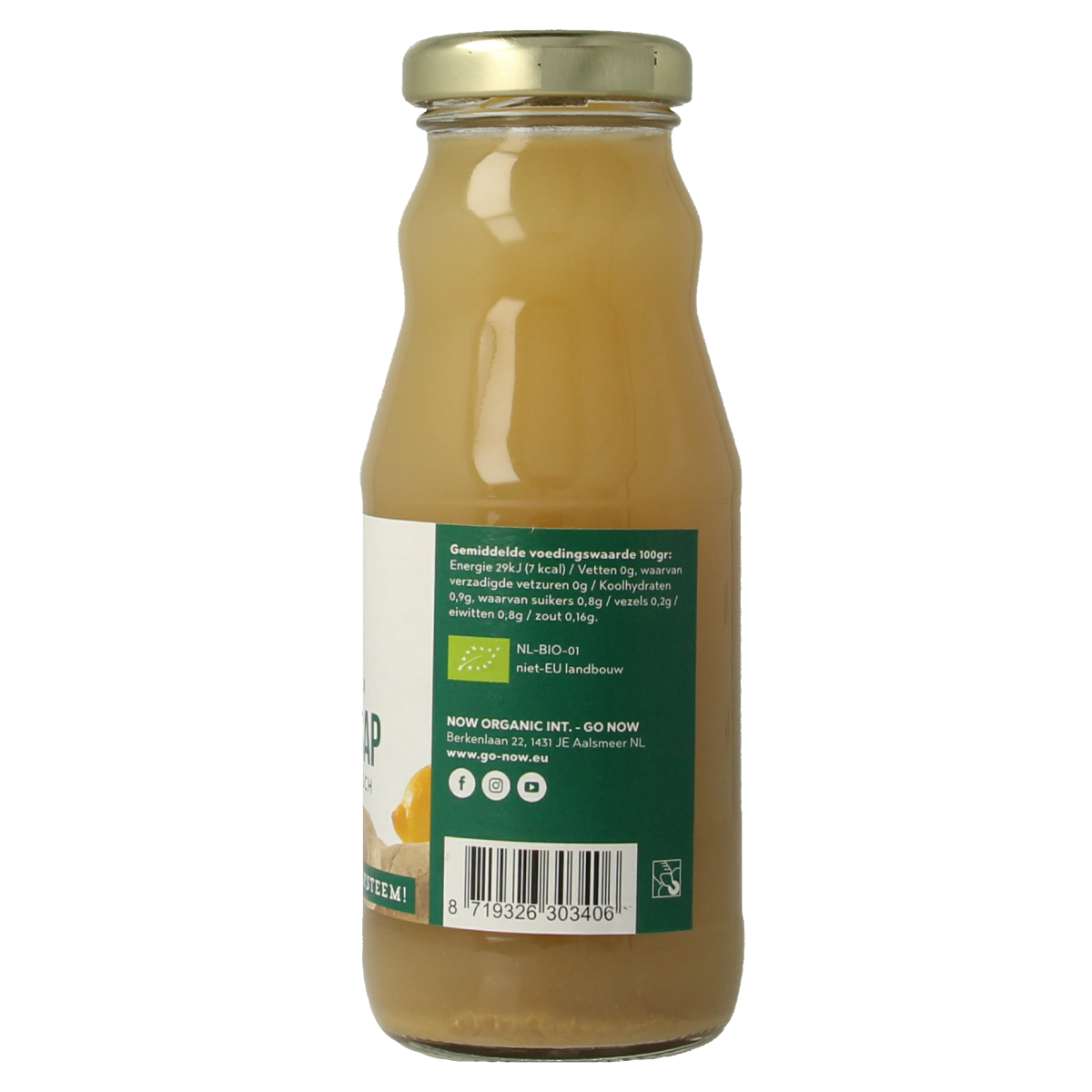 Bottle of Go Now Gember sap bio ginger juice in a 200ml container, fresh and natural ginger drink from the Go Now brand.