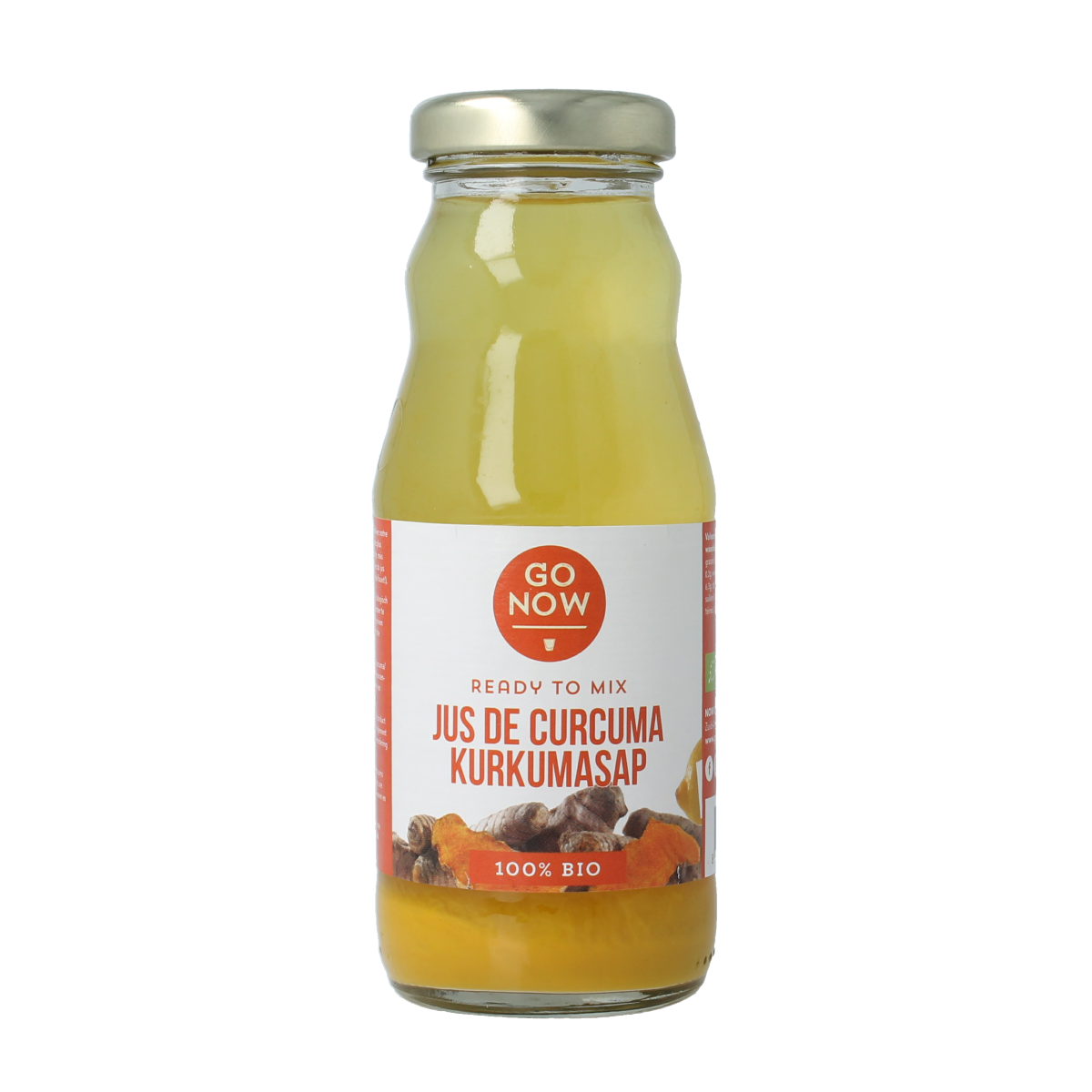 Go Now Bio Kurkuma sap in 200ml bottle, vibrant yellow turmeric juice for healthy drinks and wellness.