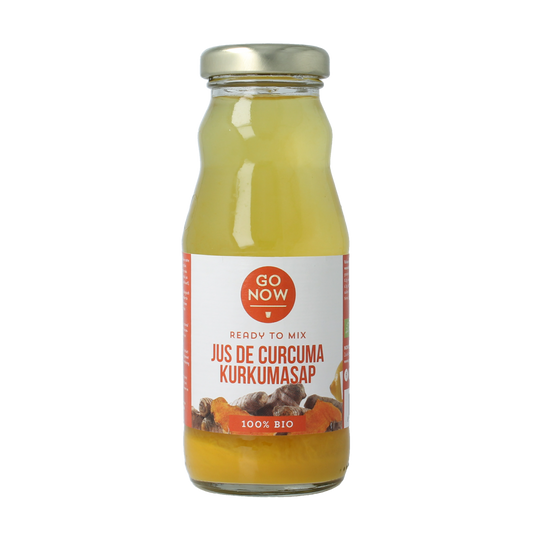 Go Now Bio Kurkuma sap in 200ml bottle, vibrant yellow turmeric juice for healthy drinks and wellness.