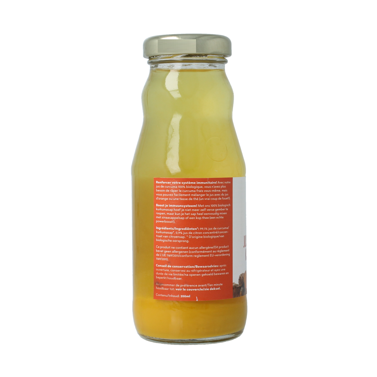 Go Now bio turmeric juice bottle, 200ml, natural turmeric sap in a clear glass bottle with a label.