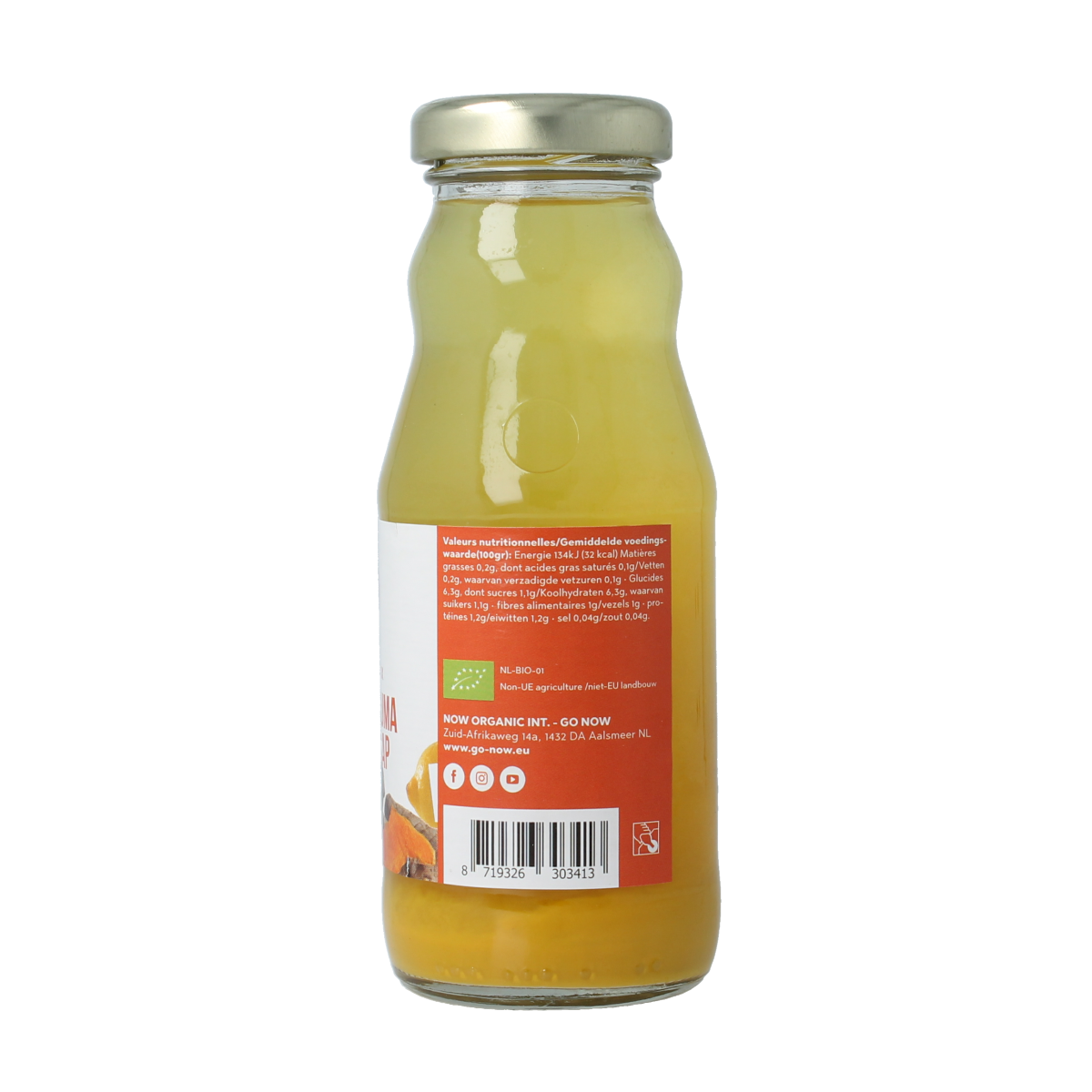 Bottle of Go Now Kurkuma sap bio in a 200ml glass container with a yellow turmeric root label.