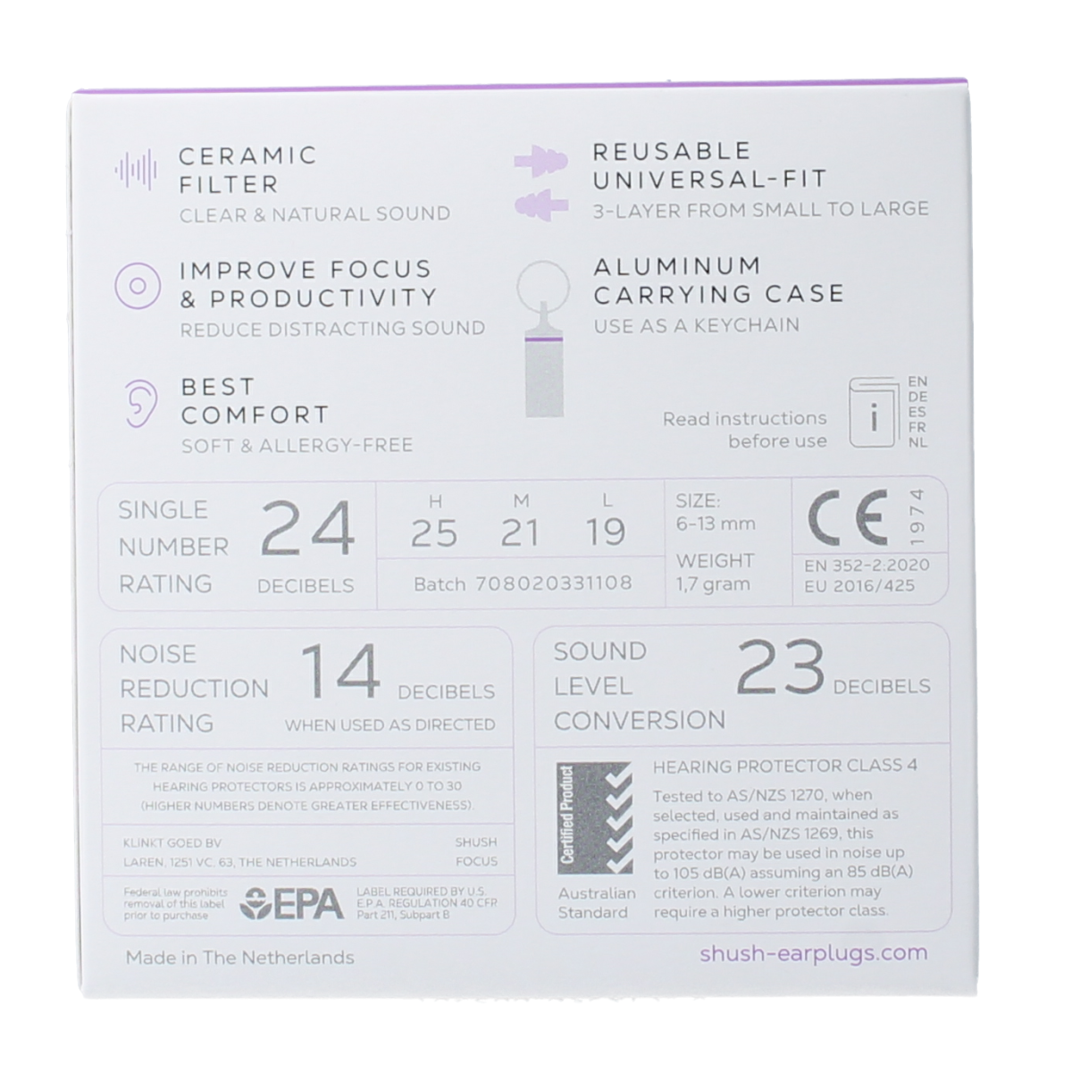 Shush Focus earplugs for hearing protection, pair of 1.00 size, shown in the image with soft silicone tips and protective case.