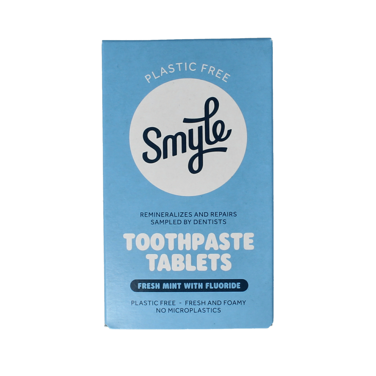 Smyle fluoride toothpaste tablets refill pack with 63 tablets, shown in a close-up image of the packaging.