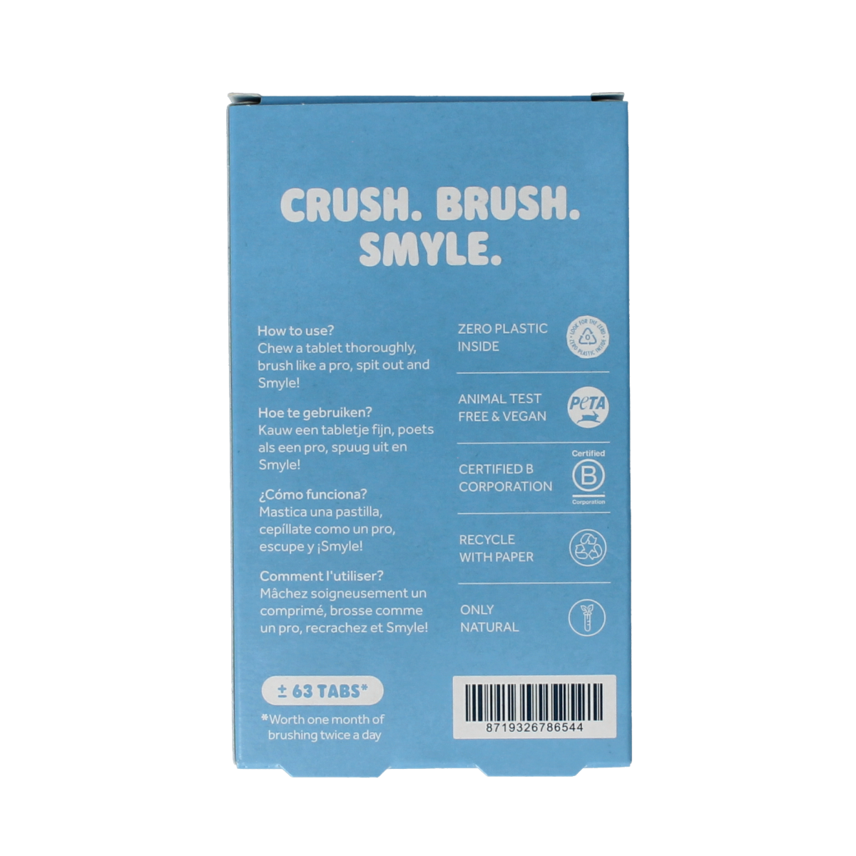 Smyle fluoride toothpaste tablets refill pack with 63 tablets, natural dental care in a compact packaging.