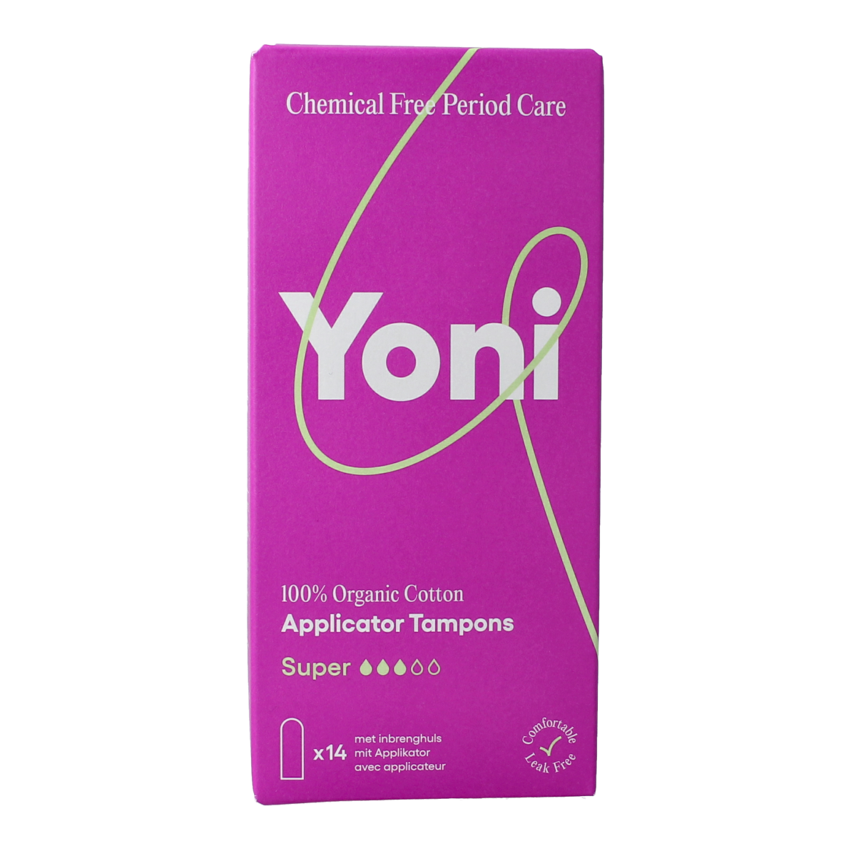 Yoni Super Tampons with applicator, 14-pack, feminine hygiene product for women, in a sealed package.