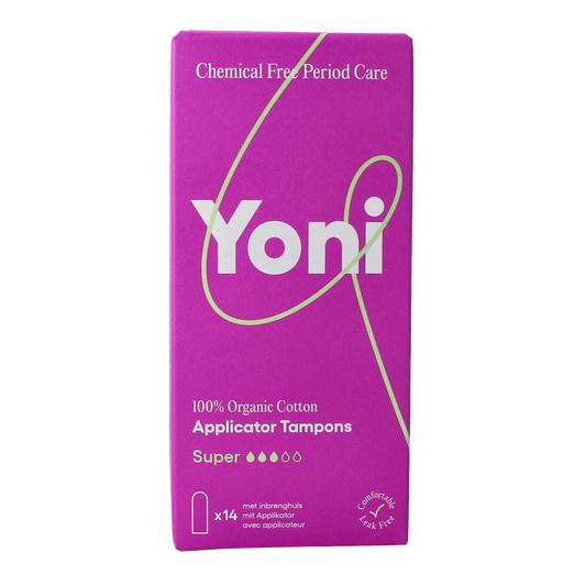 Yoni Super Tampons with applicator, 14-pack, feminine hygiene product for women, in a sealed package.