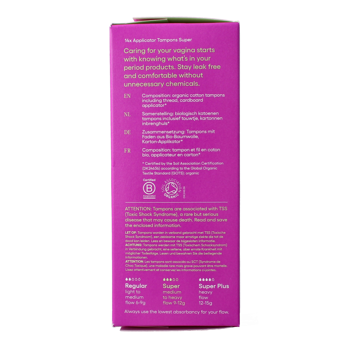 Yoni super tampon with applicator, pack of 14, designed for feminine hygiene and comfort during menstruation.