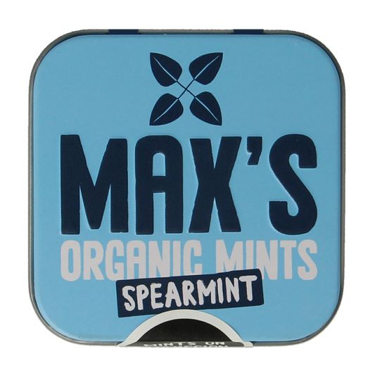 Max mints spearmint candy tin, square-shaped, 35g, organic spearmint-flavored sweets in a compact metal container.