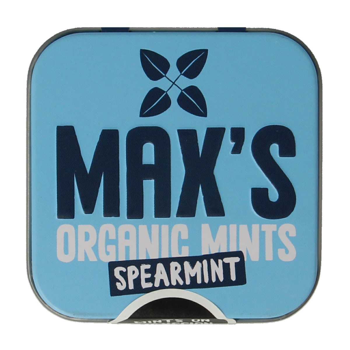 Max mints spearmint candy in a square bio tin, 35g, with bright green mints inside, fresh and natural flavor.