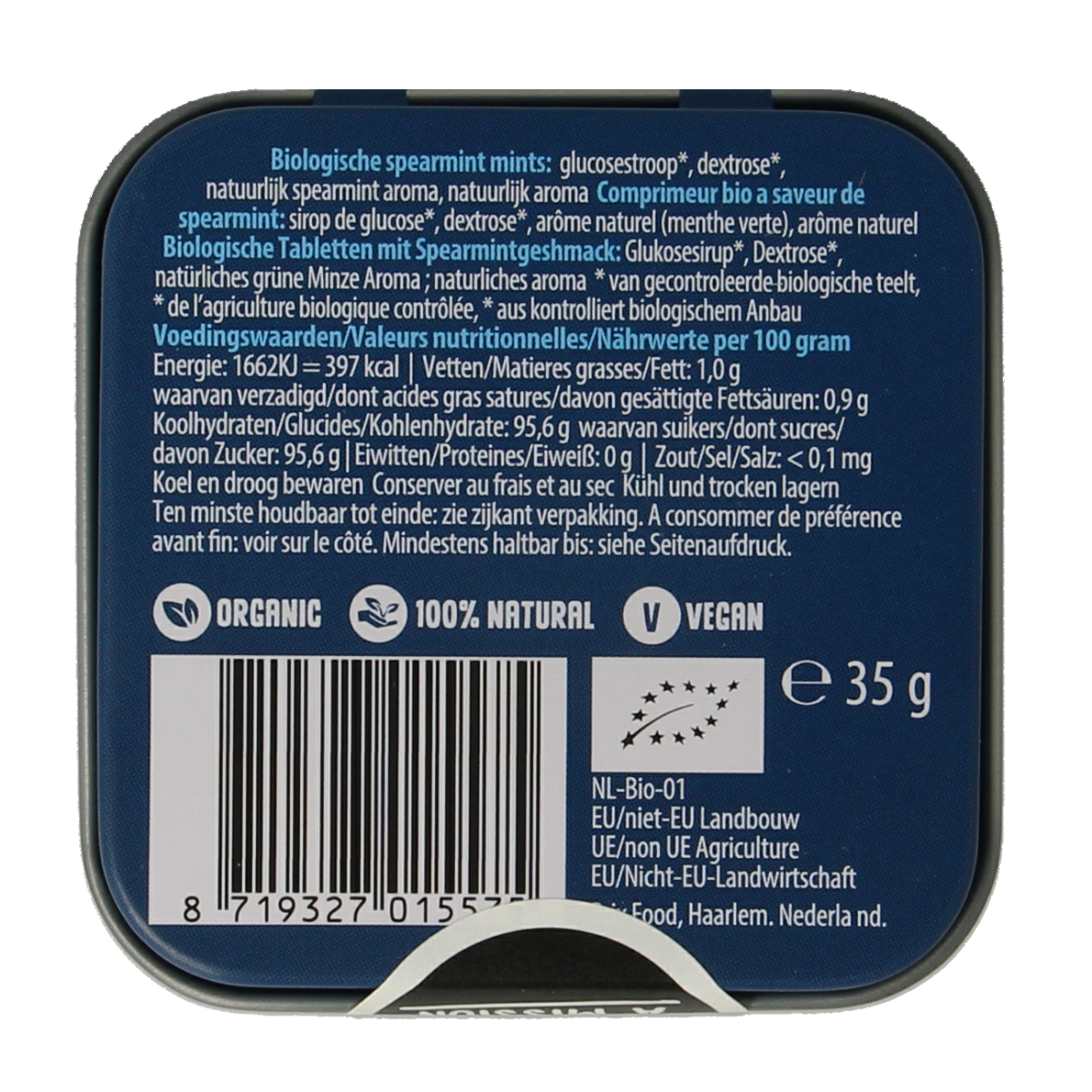 Square Max mints spearmint tin with 35g of organic spearmint candies, showcasing the branded metal container and mint candies inside.