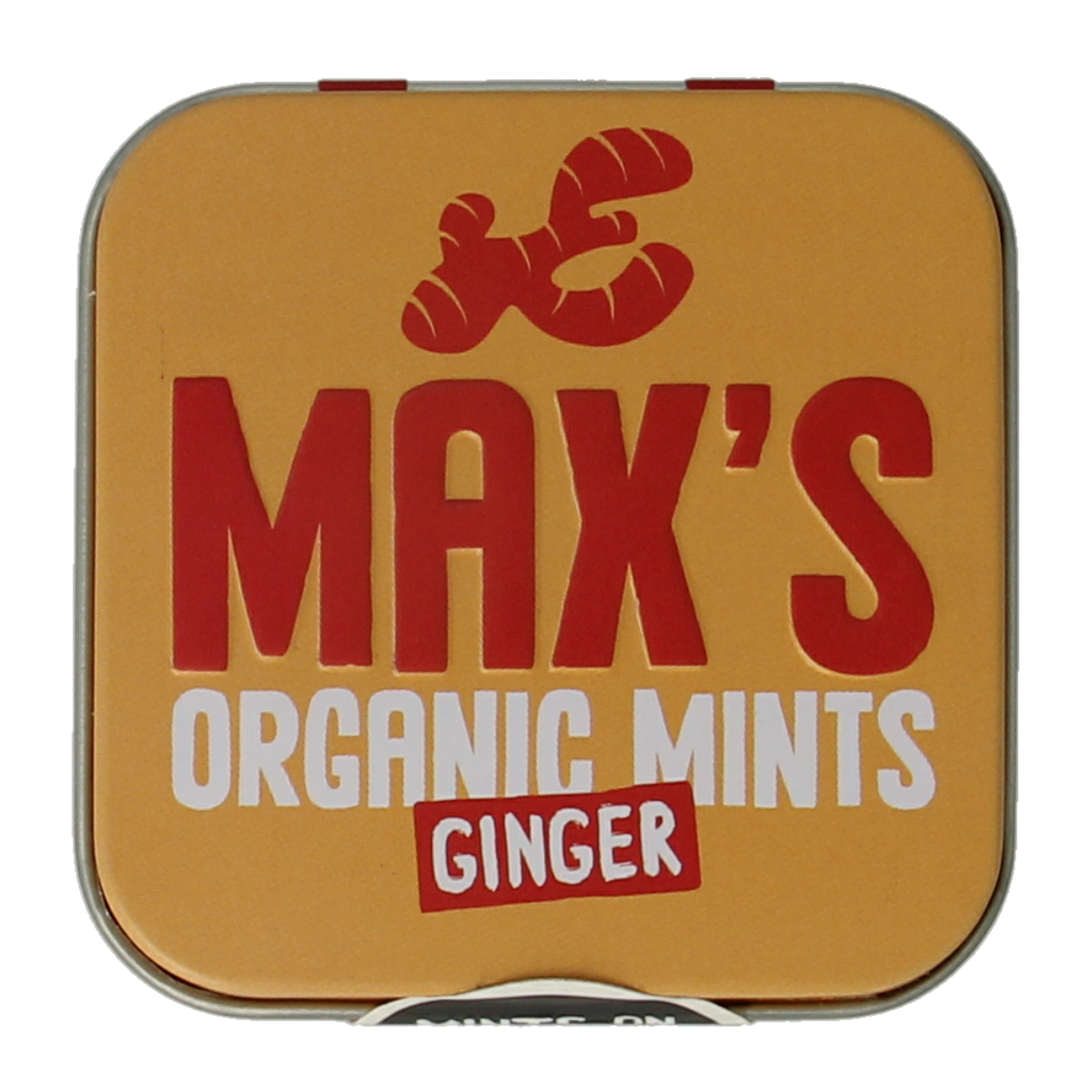 Max mints ginger candy in a square bio tin, 35g, featuring fresh ginger flavor and natural ingredients.