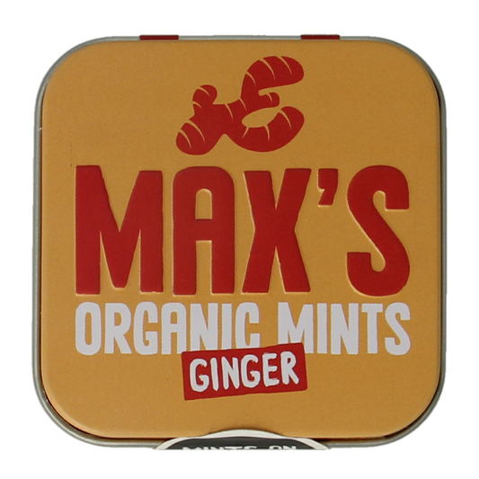 Max mints ginger candy in a square bio tin, 35g, featuring fresh ginger flavor and natural ingredients.