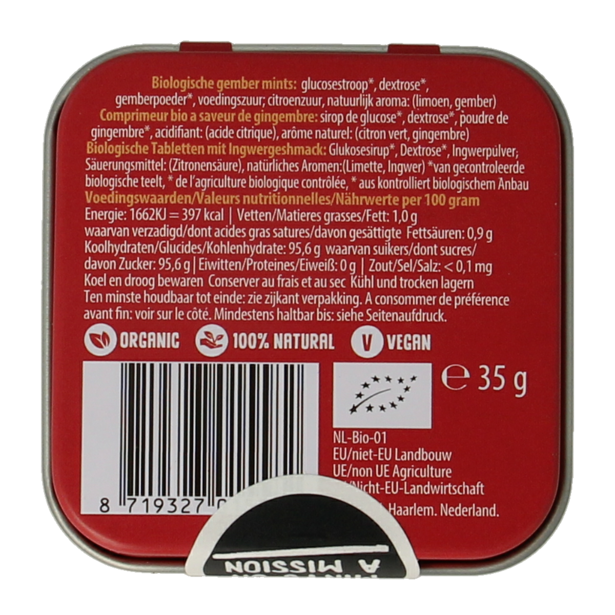 Max mints Ginger blikje, square bio candy tin with 35g of ginger-flavored mints, featuring a colorful design and compact packaging.