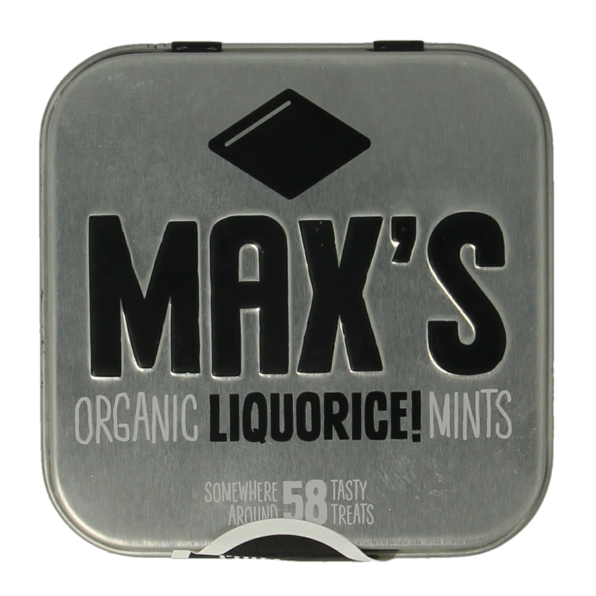 Square Max Mints Liquorice tin with 35g of organic liquorice candies, featuring black and white packaging.
