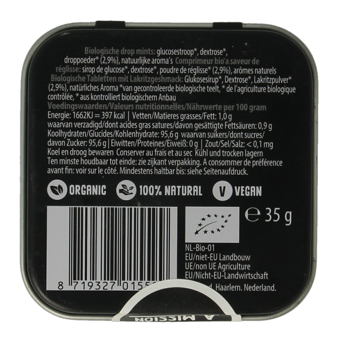 Square Max Mints liquorice tin with bio ingredients, featuring a 35g package of chewy, black liquorice sweets.