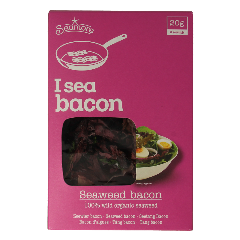 Seamore Seaweed Bacon Bio 30g, vegan seaweed-flavored bacon slices on a white background.