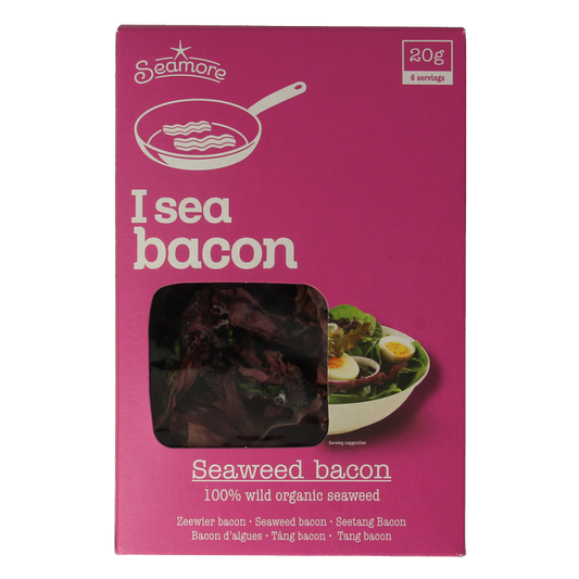 Seamore Seaweed Bacon Bio 30g, vegan seaweed-flavored bacon slices on a white background.