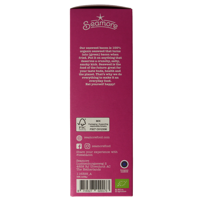 Seamore Seaweed Bacon Bio 30g, organic seaweed strips used as a plant-based bacon alternative, shown on a white background.