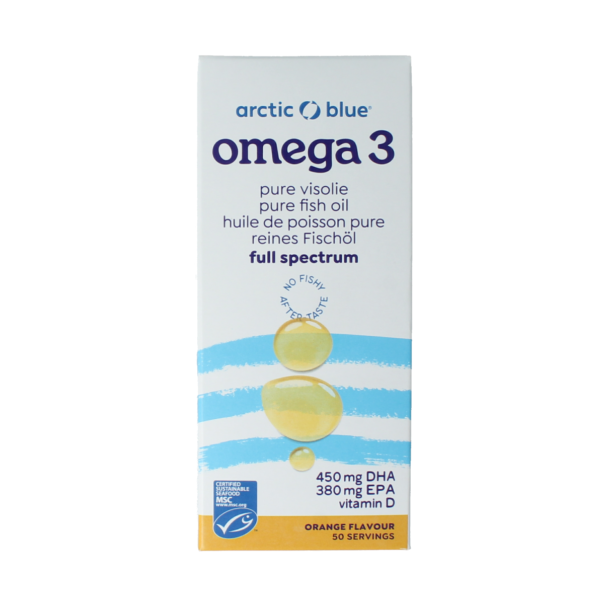 Arctic Blue Omega 3 pure visolie with vitamin D in a 250ml bottle, showing the bottle with label and clear liquid inside.