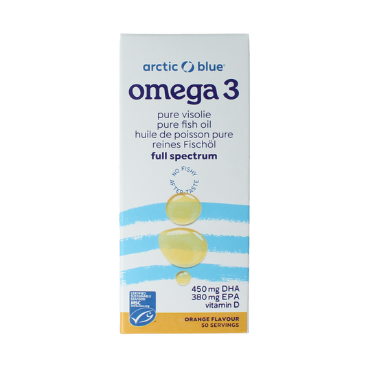 Arctic Blue Omega 3 pure visolie with vitamin D in a 250ml bottle, showing the bottle with label and clear liquid inside.