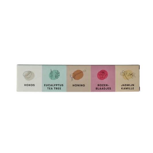 Shampoobars body care proefpakket with 5 natural 12g bars, ideal for eco-friendly body cleansing and skincare.