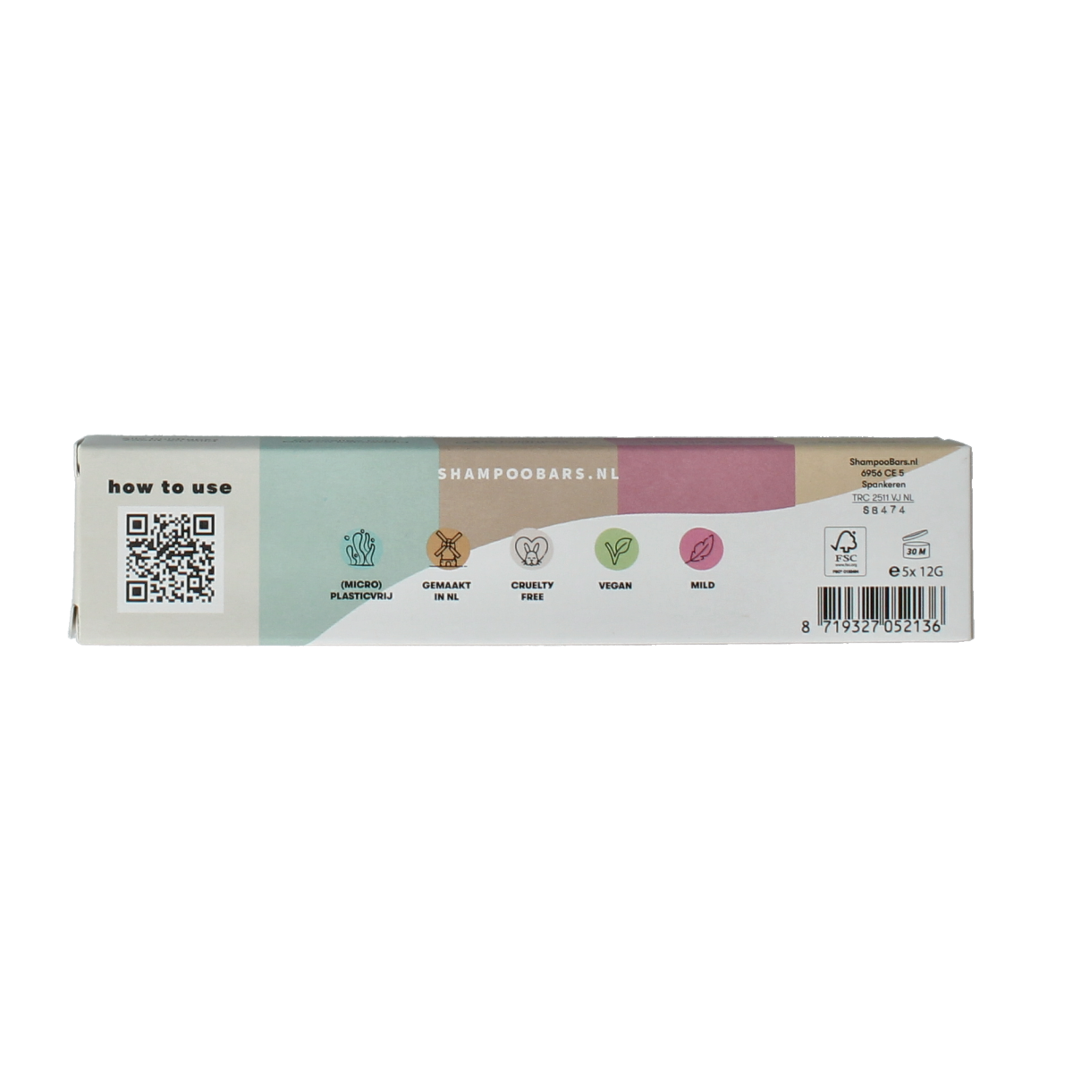 Set of five Shampoobars body bars, 12 grams each, for body care, displayed with colorful packaging and bars.