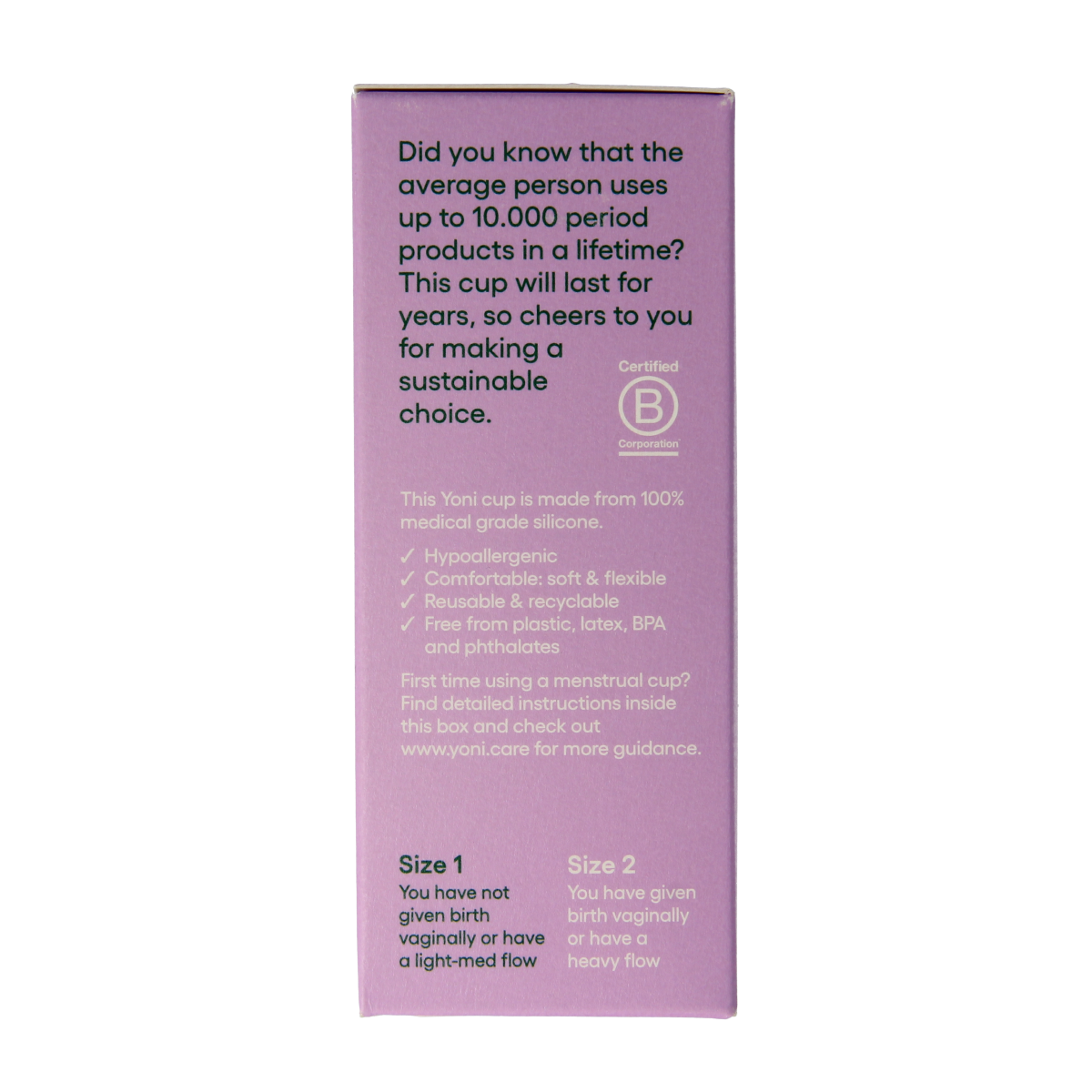 Yoni menstruatiecup maat 1, reusable menstrual cup for women, made of soft silicone, displayed on a white background.