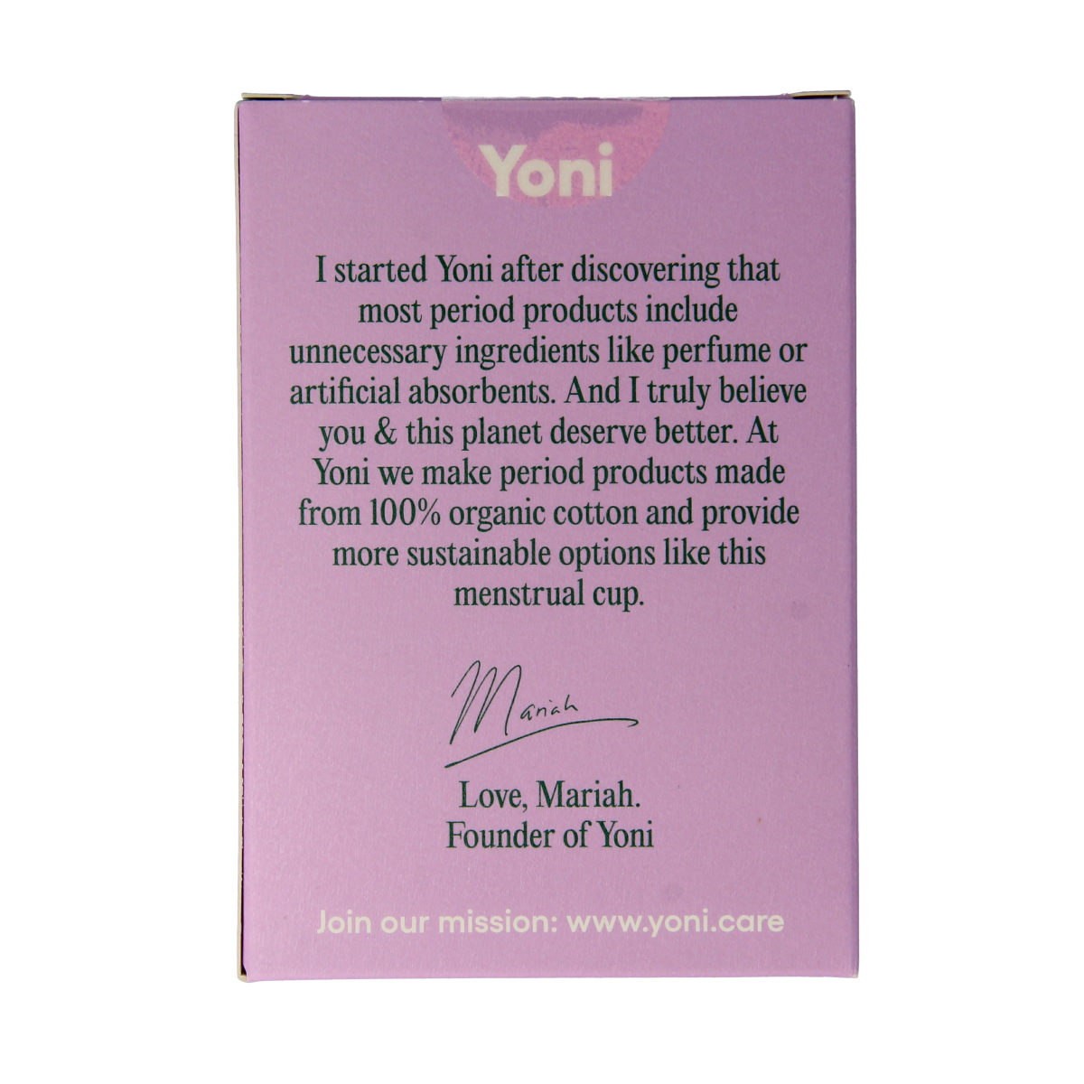 Yoni Menstruatiecup maat 1, a reusable menstrual cup for women, shown in a natural state with packaging visible.