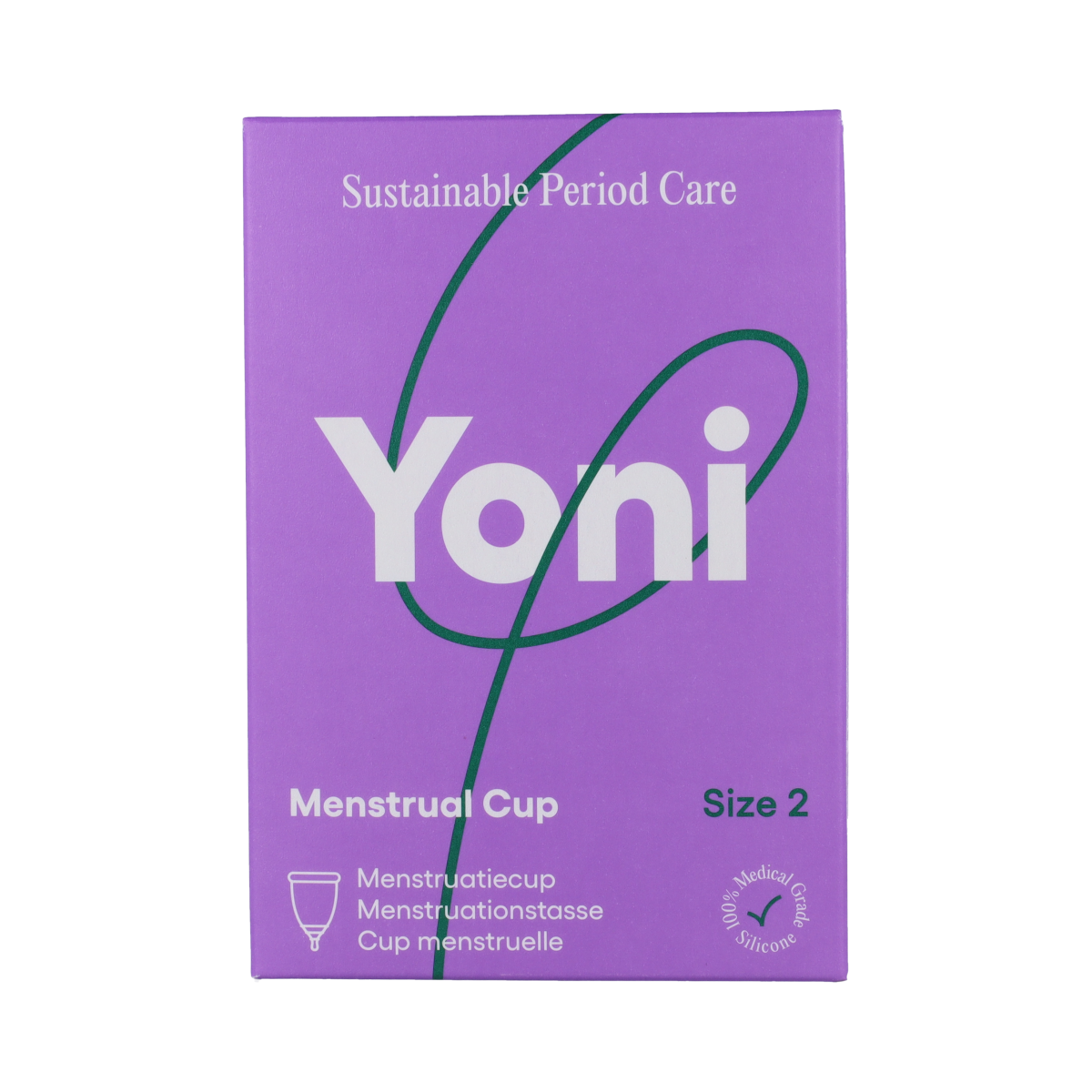 Yoni Menstruatiecup maat 2, reusable menstrual cup for women, close-up of the silicone cup on a white background.