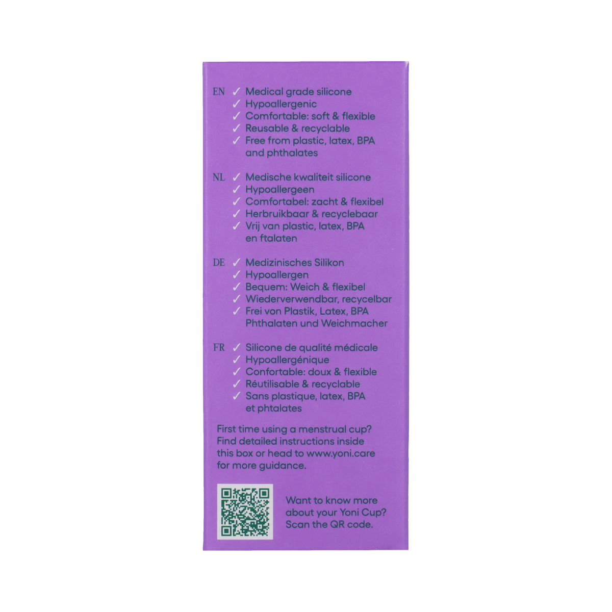 Yoni Menstruatiecup maat 2, a reusable menstrual cup for women, shown in the image with product packaging and branding.