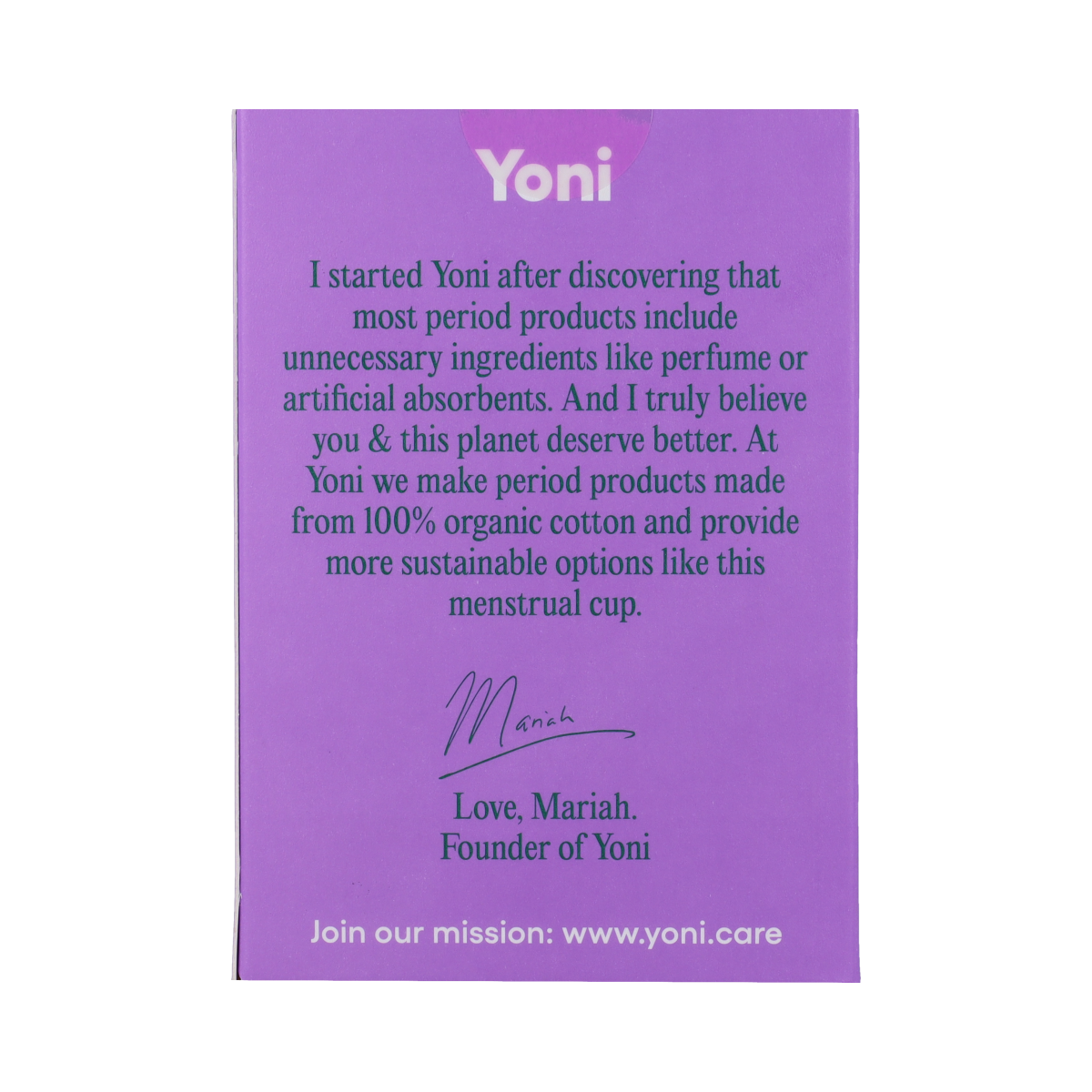 Yoni Menstruatiecup maat 2, reusable menstrual cup for women, shown in packaging with product details visible.