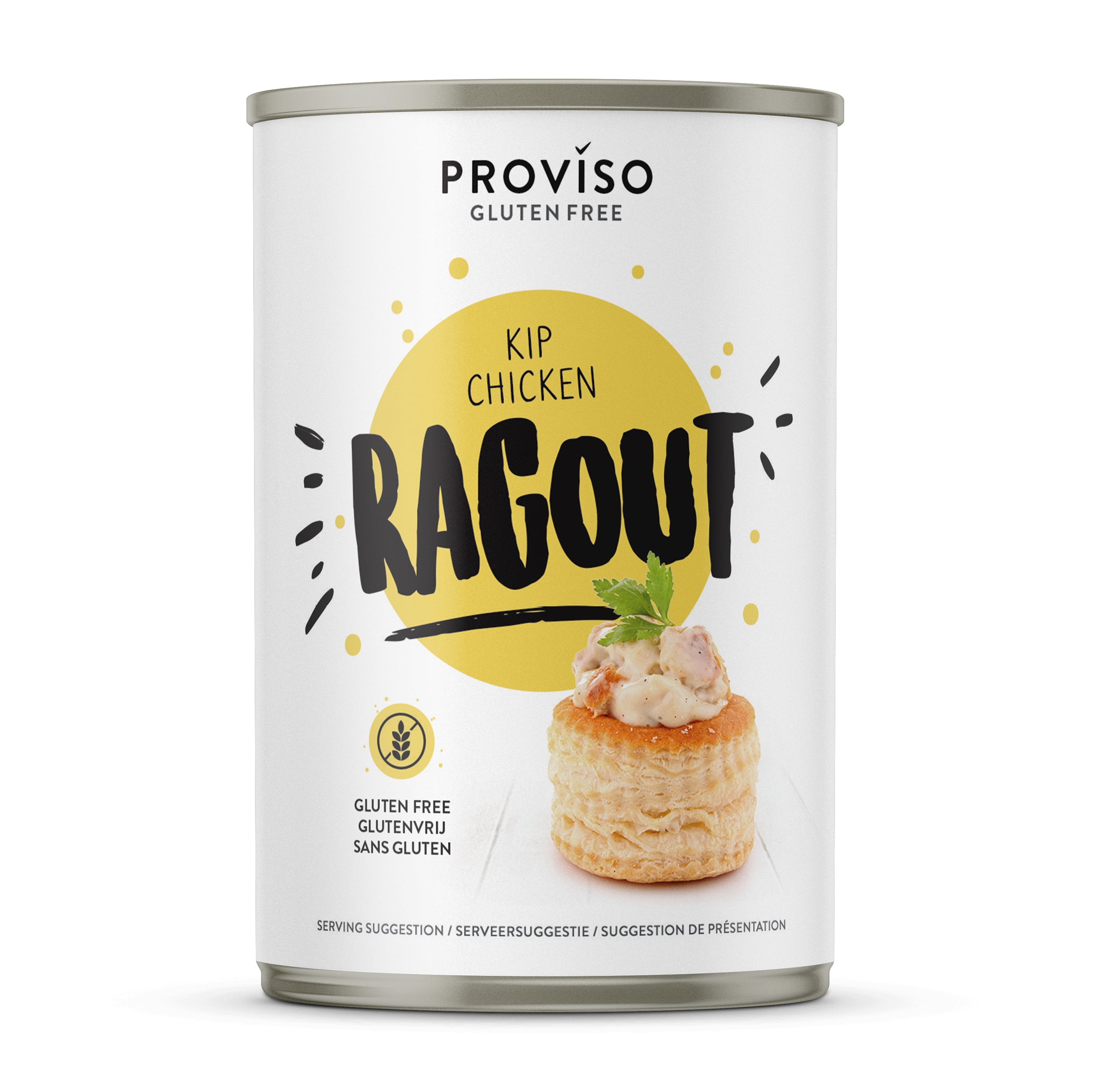 Proviso Kippenragout glutenvrij 400g in een glazen pot, saus en smaakmaker voor koken en smaakverrijking