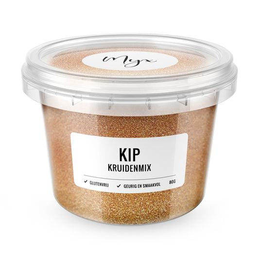Glutenvrije Myx Kip kruidenmix in 80g pack, featuring a blend of herbs and spices for flavorful chicken dishes.
