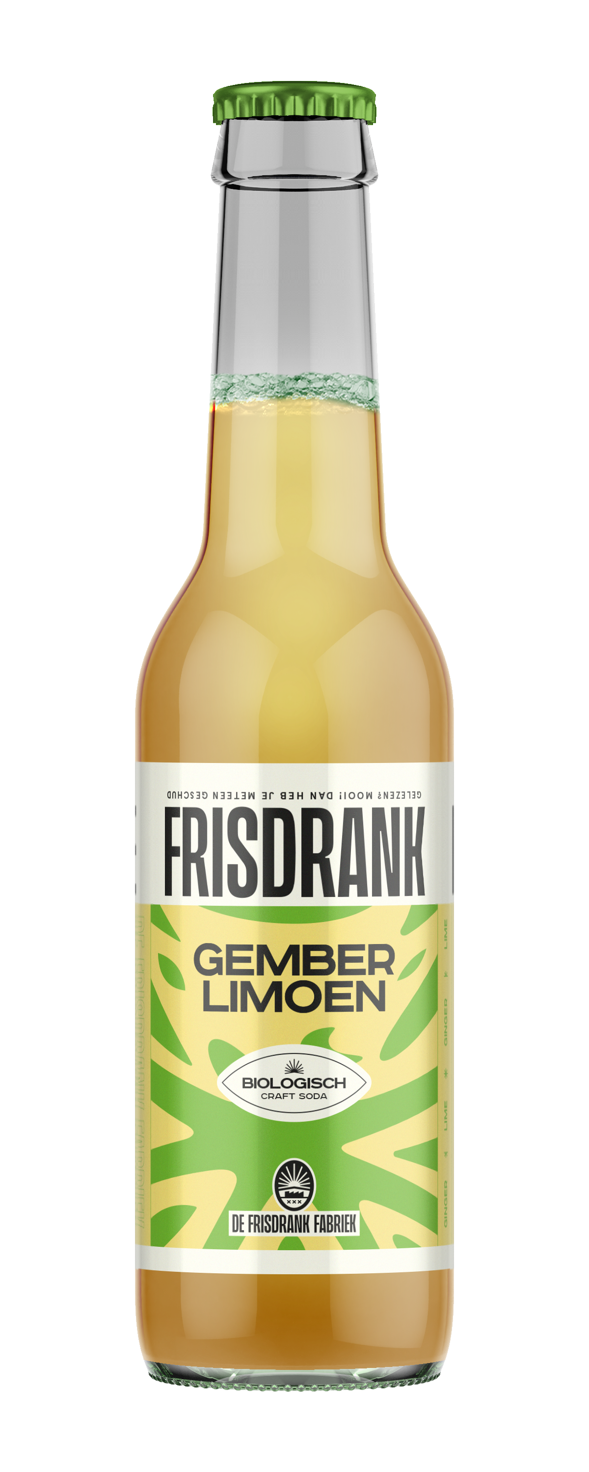 De Frisdrank Fabriek gember limoen biologische koolzuurhoudende frisdrank in 275ml fles, with lime and ginger flavors visible.