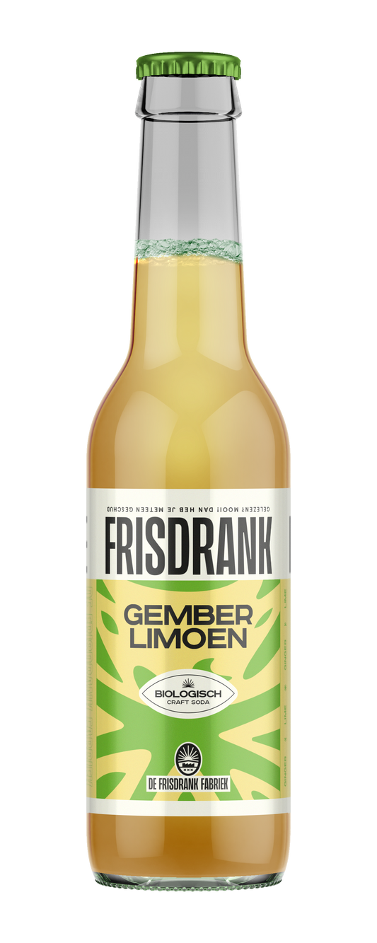 De Frisdrank Fabriek gember limoen biologische koolzuurhoudende frisdrank in 275ml fles, with lime and ginger flavors visible.