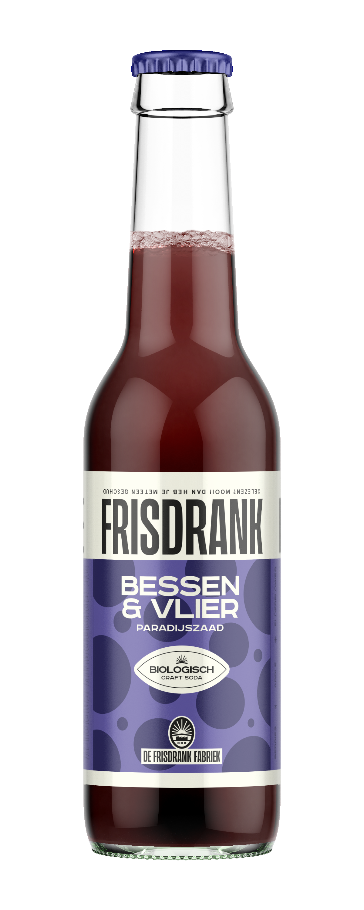 De Frisdrank Fabriek biologisch koolzuurhoudende bessensap en vlierbessenfrisdrank in 275 ml bottle, natural beverage with berries