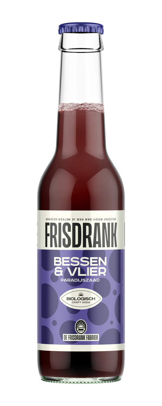 De Frisdrank Fabriek biologisch koolzuurhoudende bessensap en vlierbessenfrisdrank in 275 ml bottle, natural beverage with berries