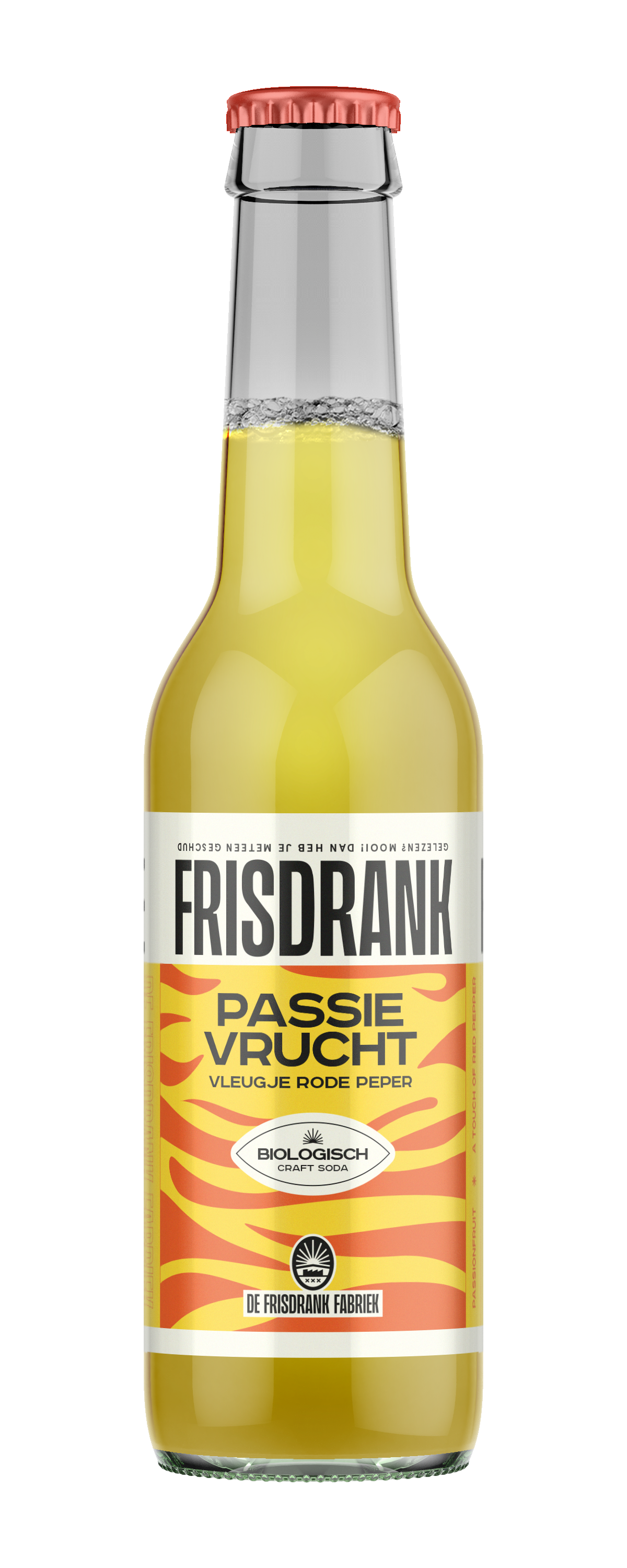De Frisdrank Fabriek passievrucht peper biologische koolzuurhoudende frisdrank 275ml in een glazen fles