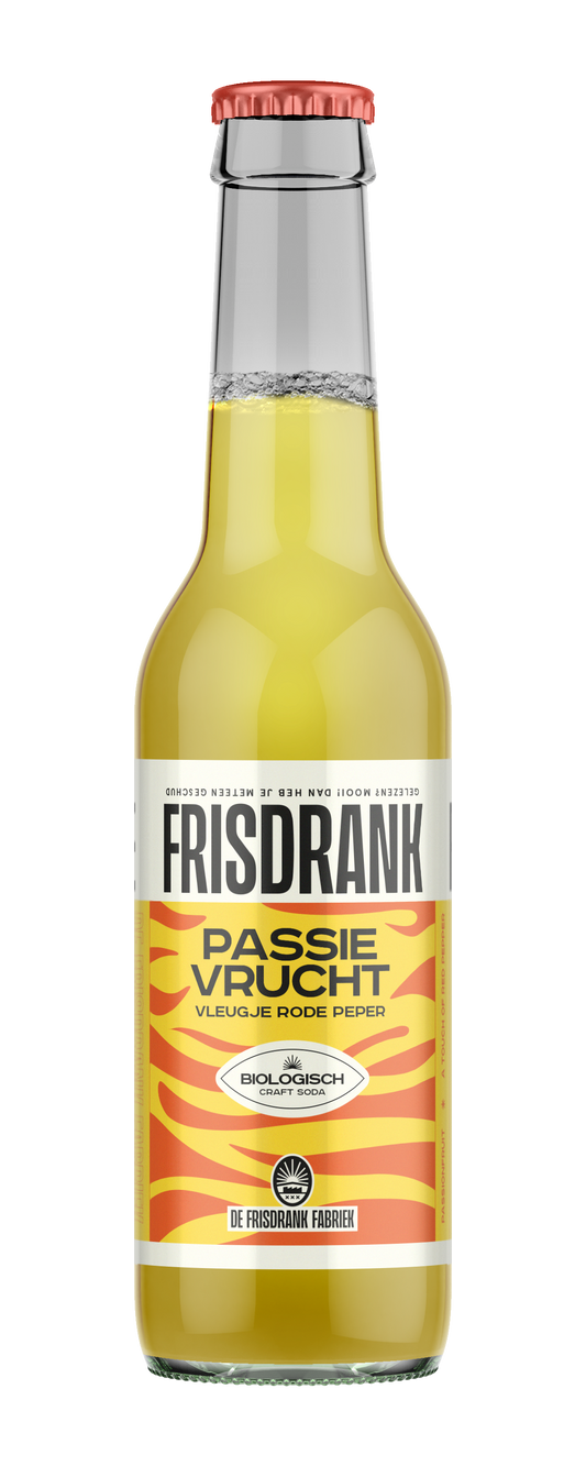 De Frisdrank Fabriek passievrucht peper biologische koolzuurhoudende frisdrank 275ml in een glazen fles