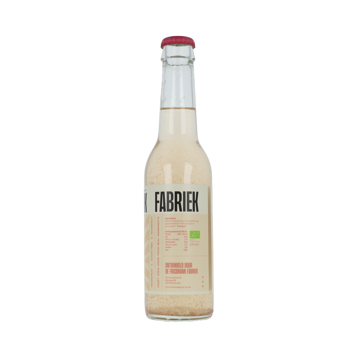 De Frisdrank Fabriek grapefruit frisdrank in 275ml bottle, carbonated, made with natural ingredients, sugar-free, and bio-certified.